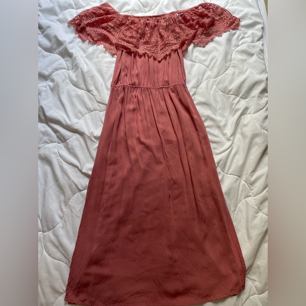 Pink floral lace off the shoulder dress with slits